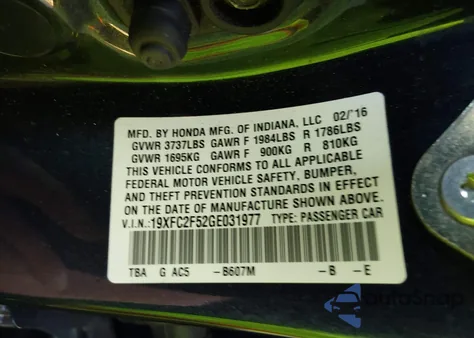 2016 Honda Civic Lx из США, поврежденный, VIN 19XFC2F52GE031977